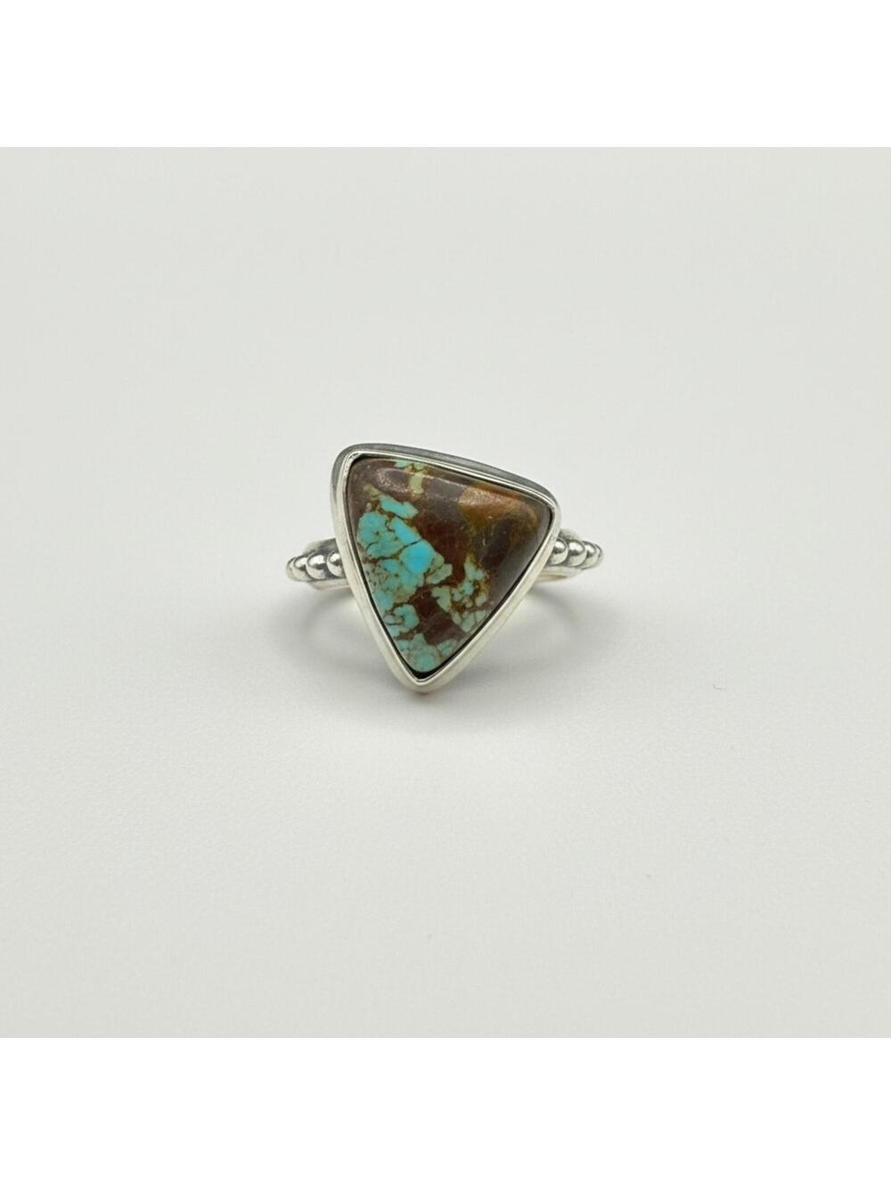 #8 Turquoise Triangle Statement Ring | Sterling Silver Beaded Band | Size 6
